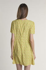 Yellow-Multi-Ditsy V-Neck-Front-Knot Mini-Dress