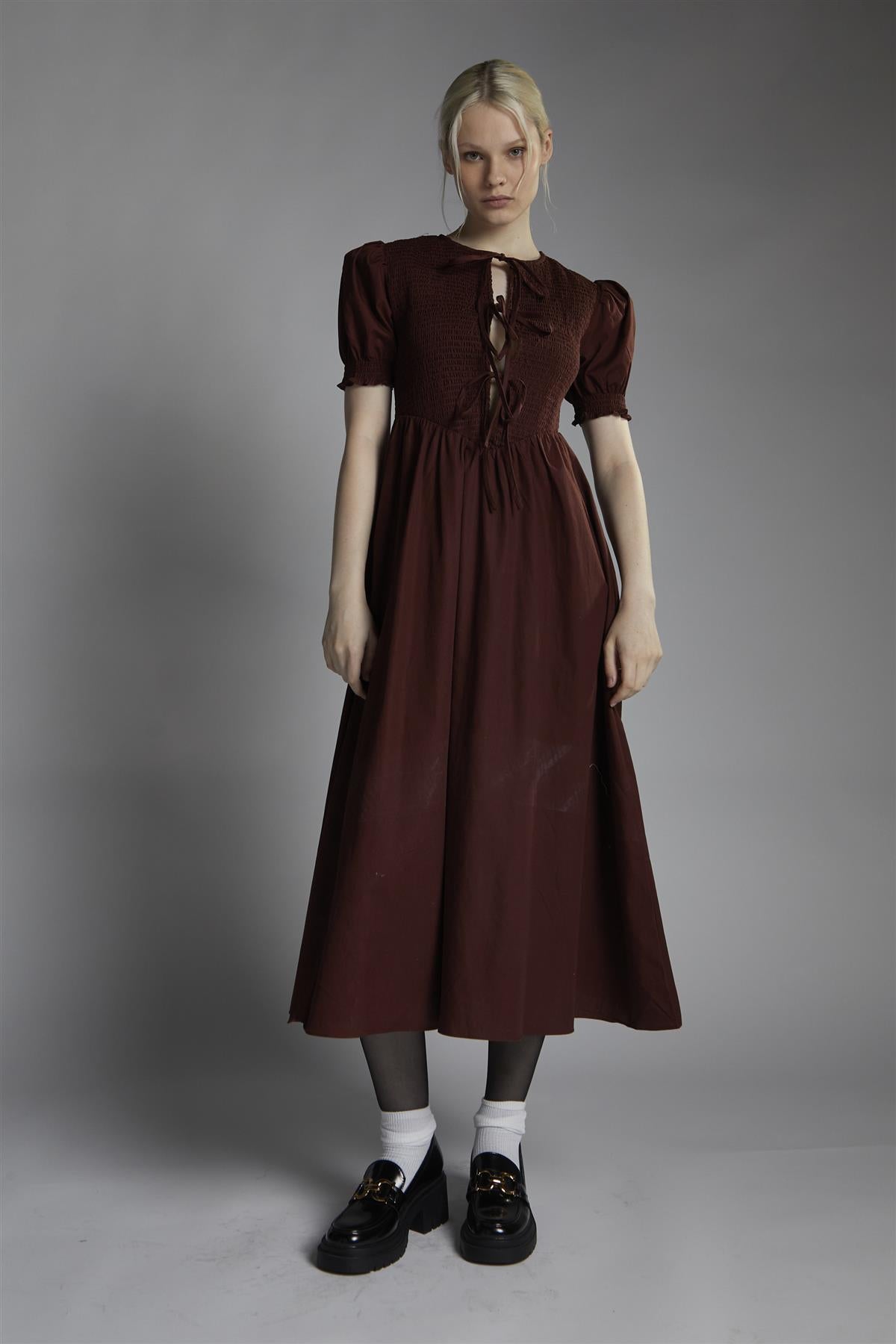 Burgundy Short-Puff-Sleeve-Tie-Front Maxi-Dress