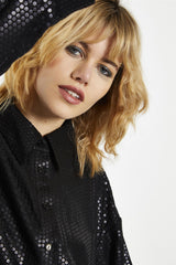 Matt-Black Sequin Collared  Long-Sleeve Shirt