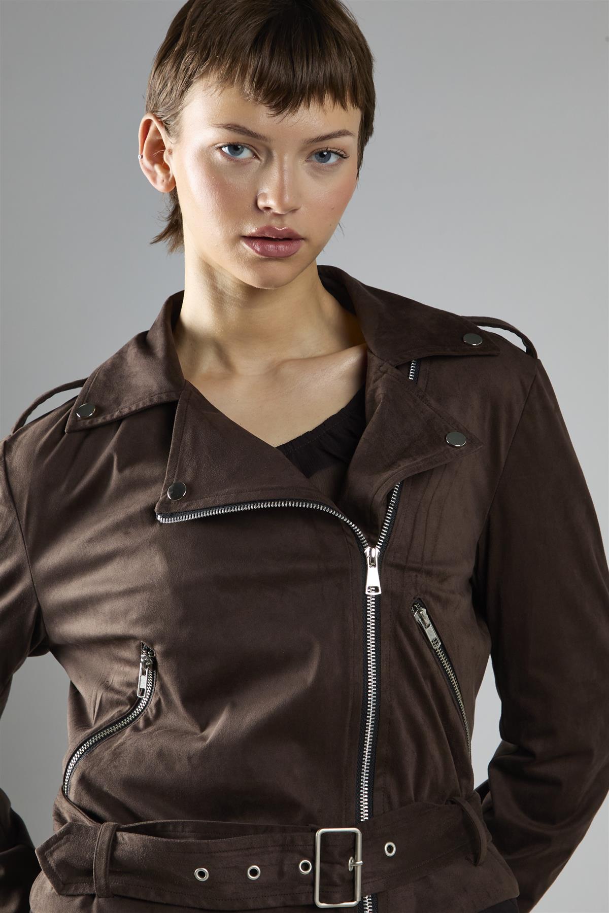 Brown Long Sleeve Biker Jacket