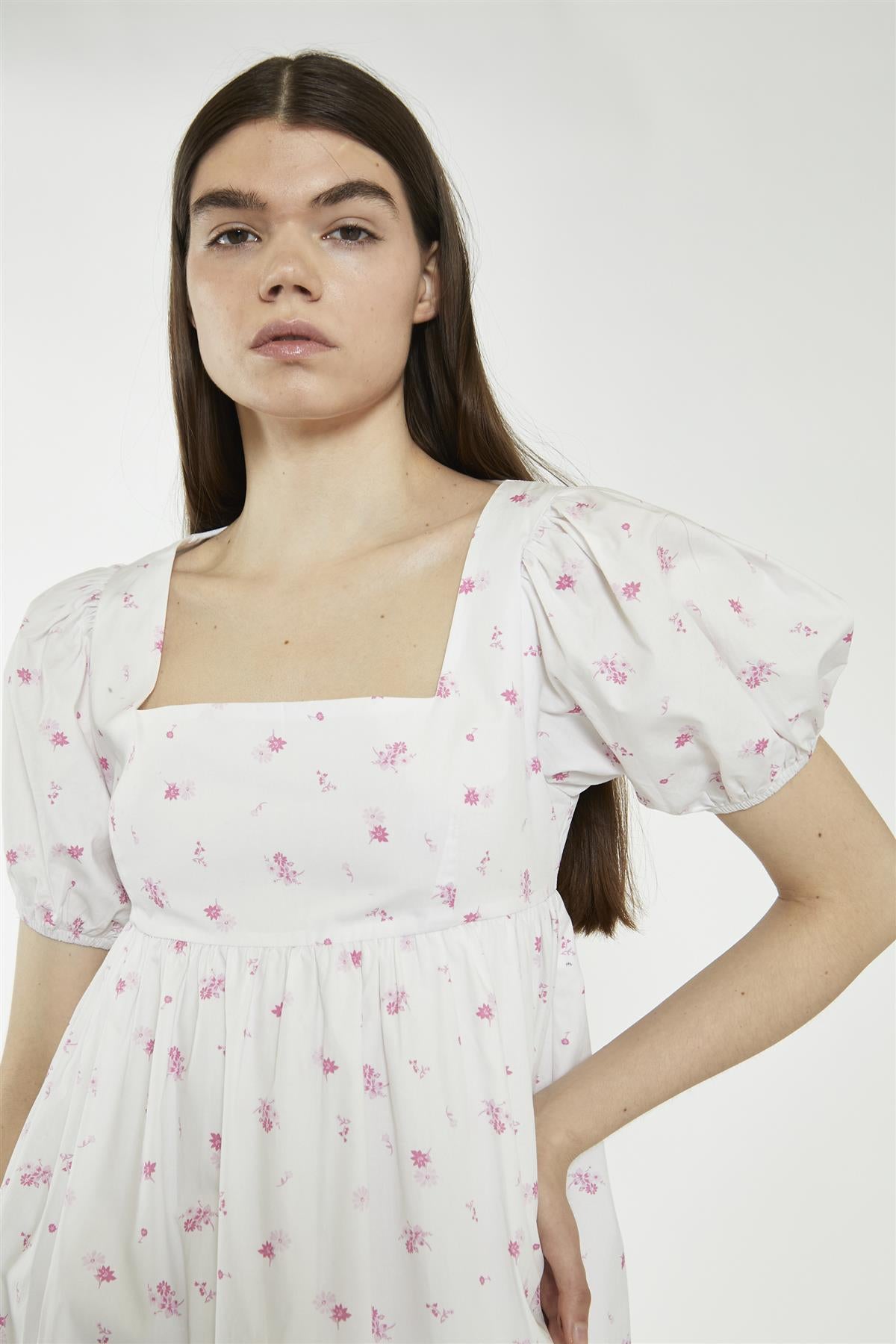 Square Neck Short Skater Dress - White Pink Floral