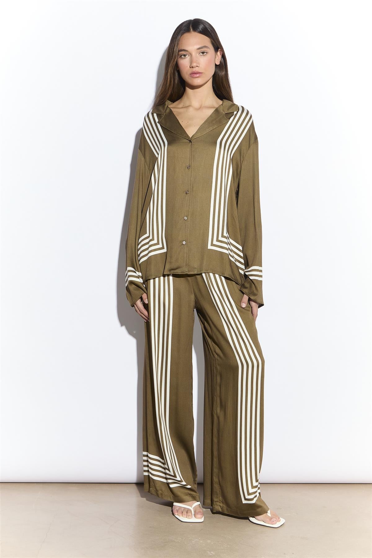 Olive Cream Stripe Button Front Shirt