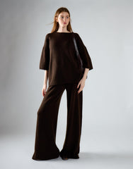 Khaki Brown Knitted Flare Trousers