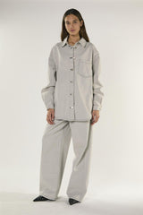 Light Grey Long Sleeve Denim Shirt with Snap On Buttons