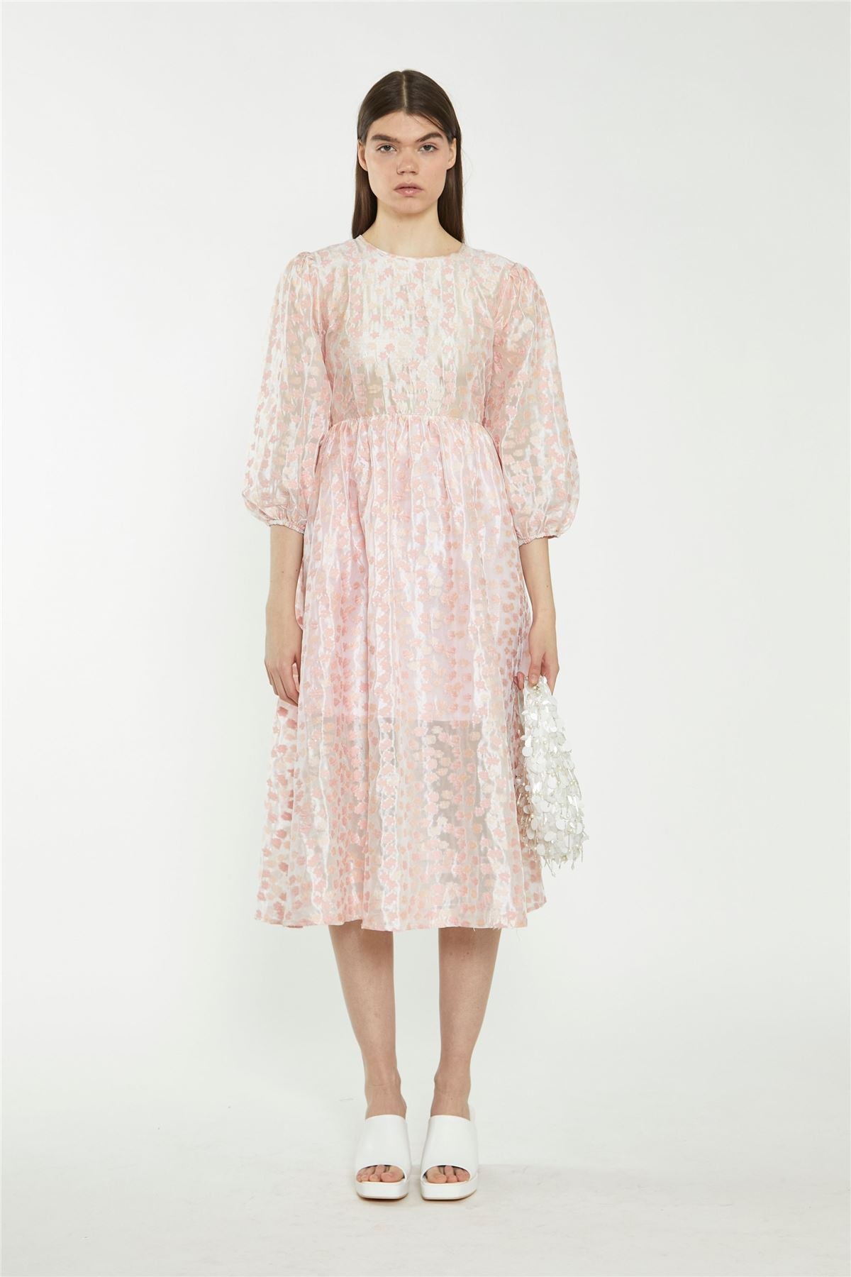 Pink Flower Organza Midi Dress
