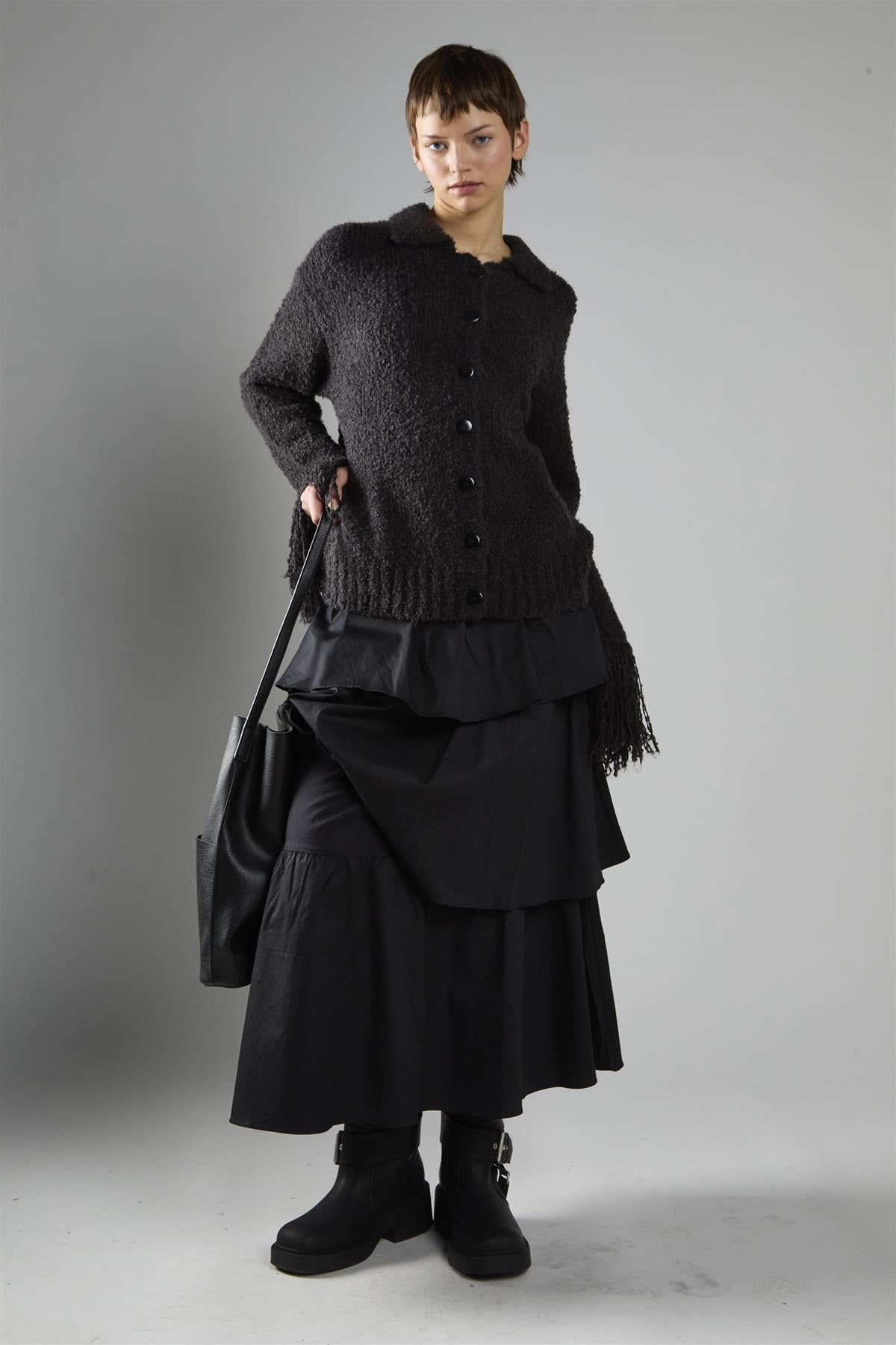 Black Fringe Cuff Button-front Cardigan