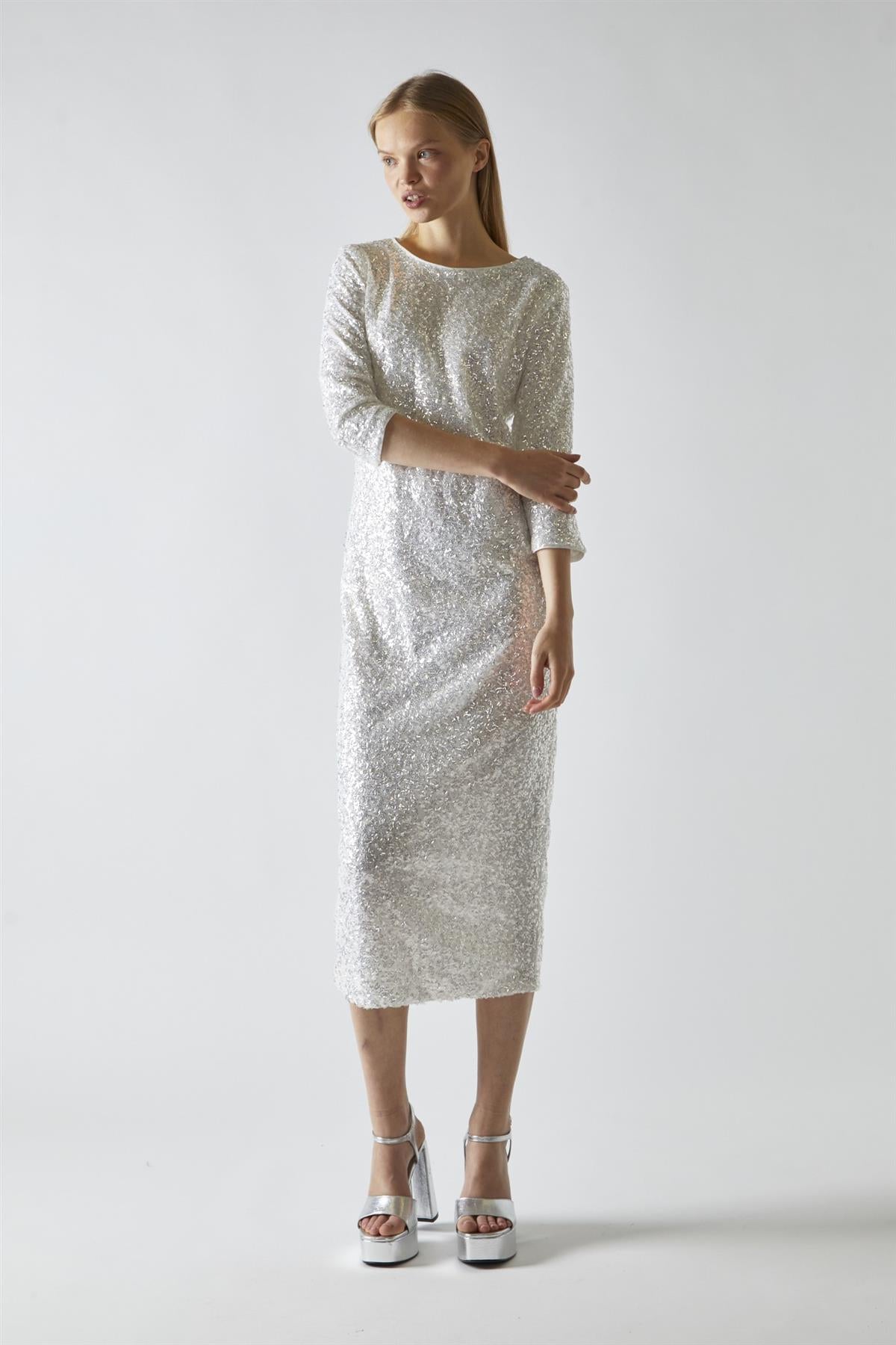 Silver-Iridescent Sequin A-Line Midaxi-Dress