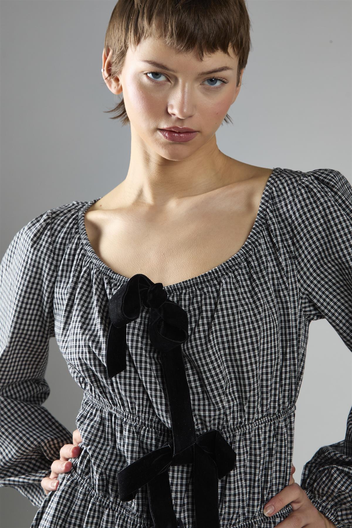 Black Check Velvet Bow Maxi Dress