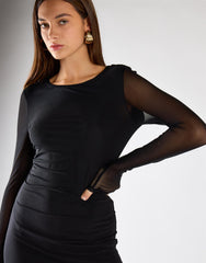 Black Mesh Long Sleeve Bodycon Midi Dress