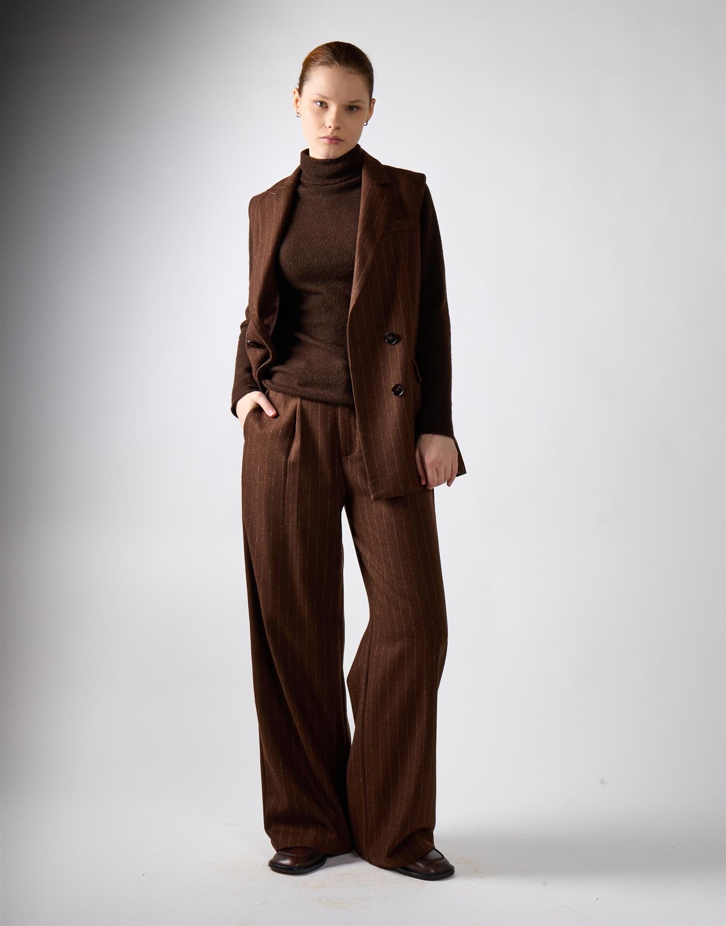 Narrated Brown Stripe Pleated Wide-Leg Trousers