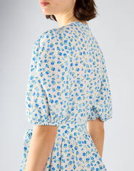 Blue Bud Floral Wrap V-Neck Midi Dress