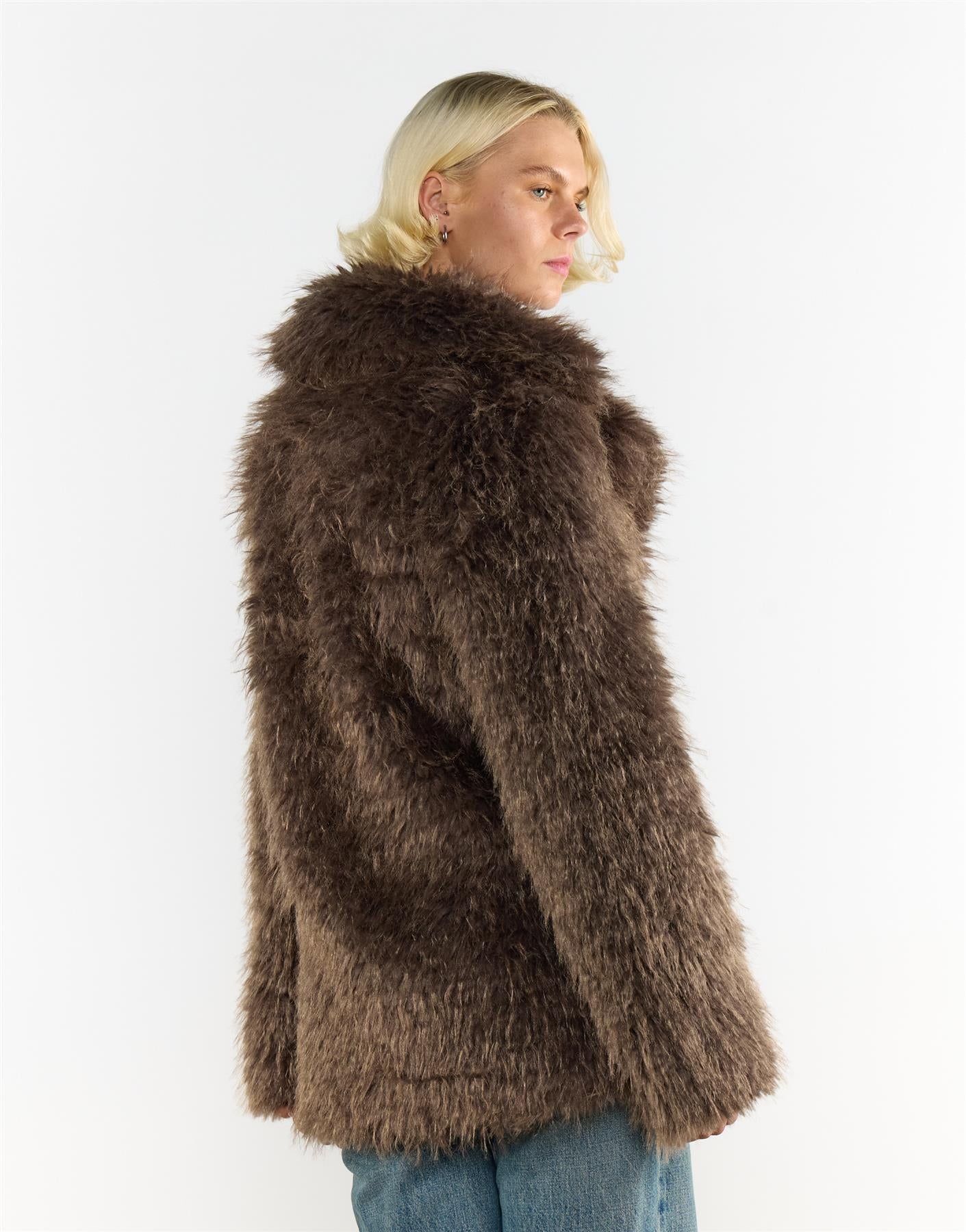 Grey Brown Collared Faux Fur-Coat