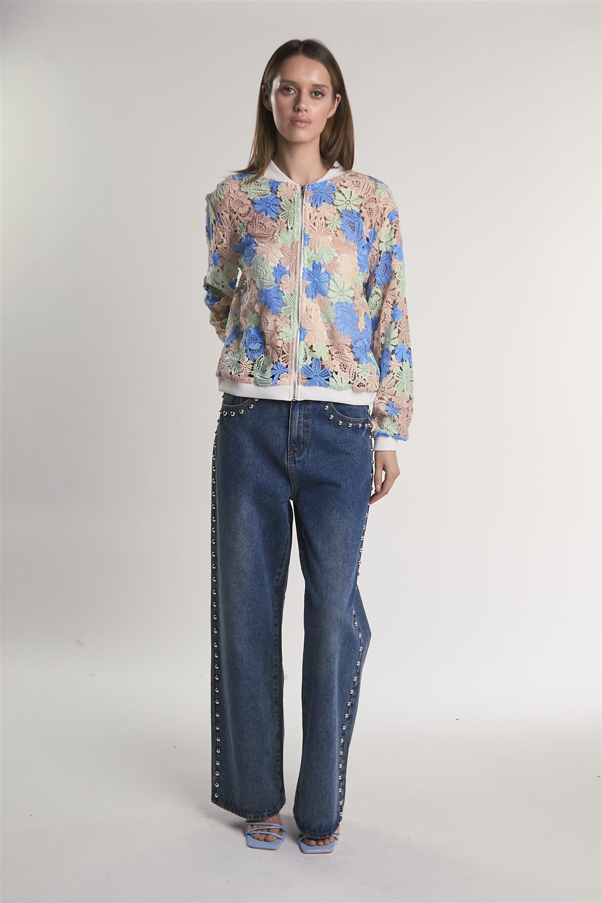 Blue-Nude-Green-Rose Cutwork Zip-up-Jacket