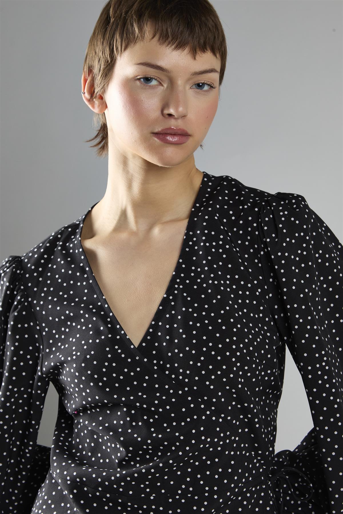 Black Polka Dot Wrap Mini Dress