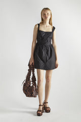 Black Button Front Pleated Mini-Dress