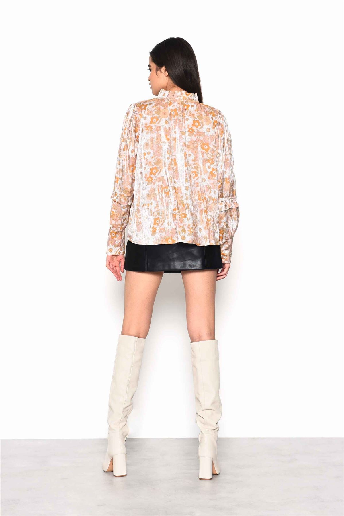 Pink Gold Multi Floral Voluminous Fit Blouse with Neck & Sleeve Ruffle Detailing