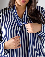 Navy Cream Stripe Bow-Collar Blouse