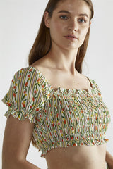 Stripe-Ditsy Linen Scoop-Neck Crop-Top