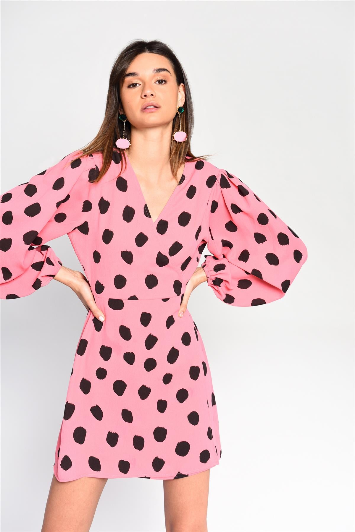 Pink Black Messy Spot V-Neck Mini-Dress