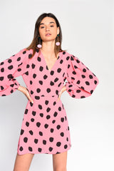 Pink Black Messy Spot V-Neck Mini-Dress