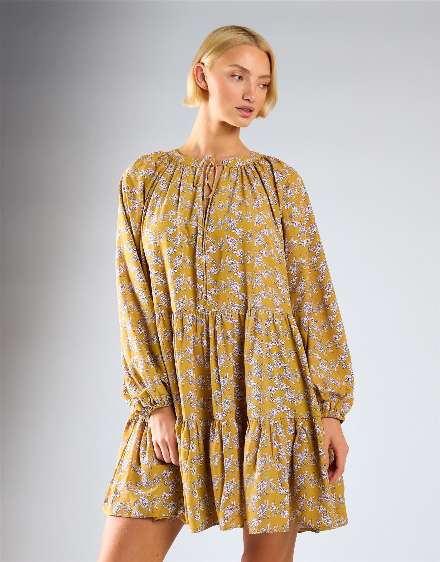 Ochre Floral Long Sleeve Floaty Dress