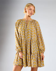 Ochre Floral Long Sleeve Floaty Dress