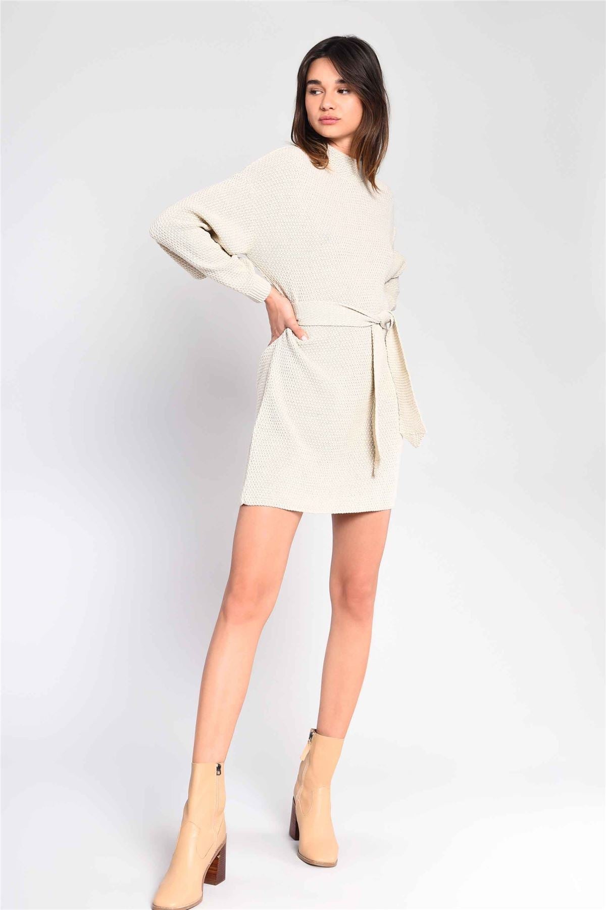 Ecru Tie Waist Jumper Dress