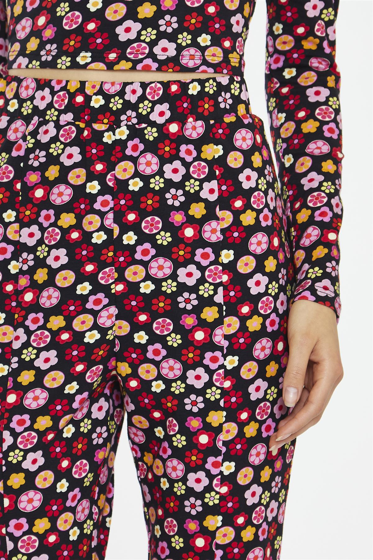 Black 60S Flower Split-Front Flared Trousers