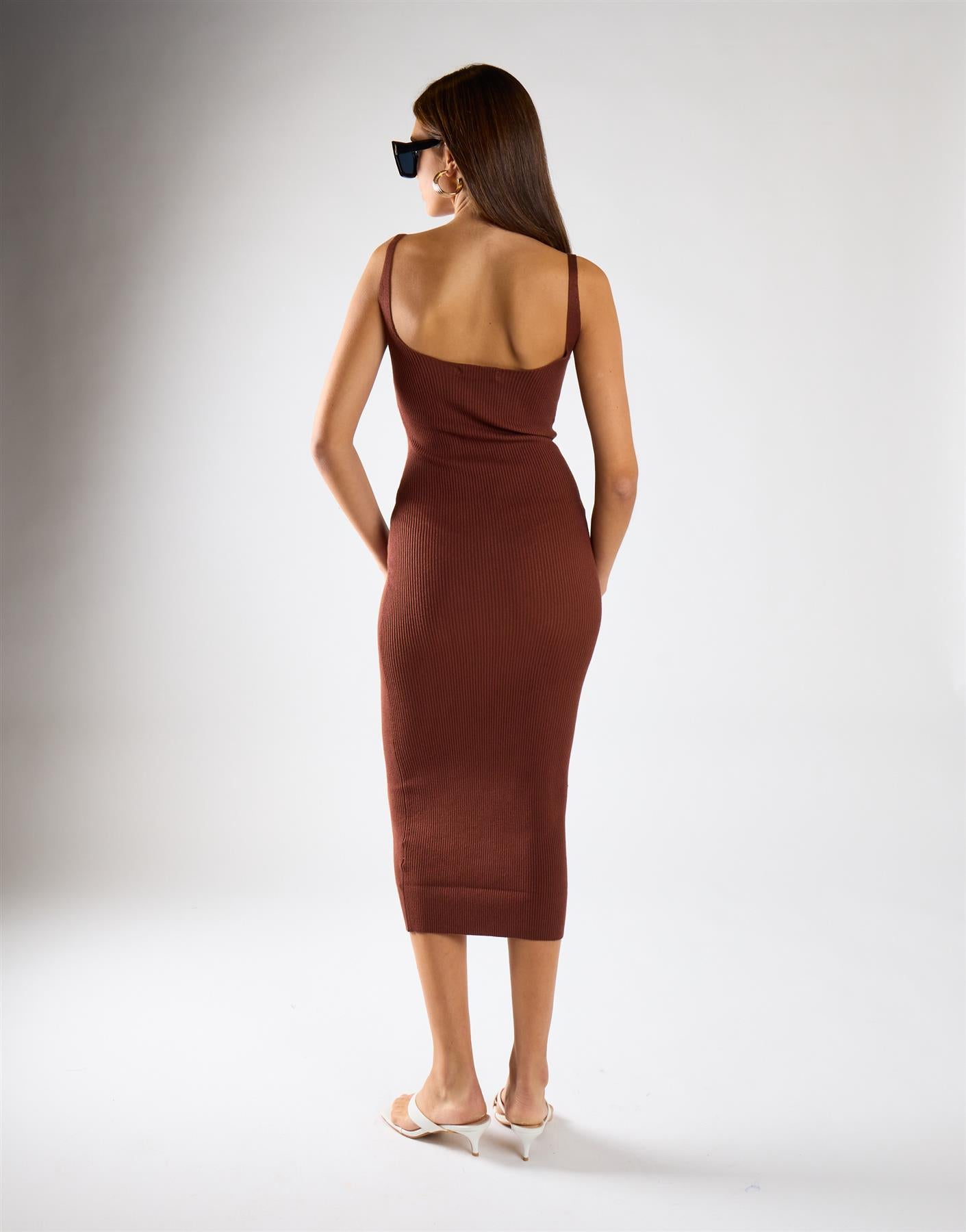Reddish Brown Ribbed V-Neck Midi Dress