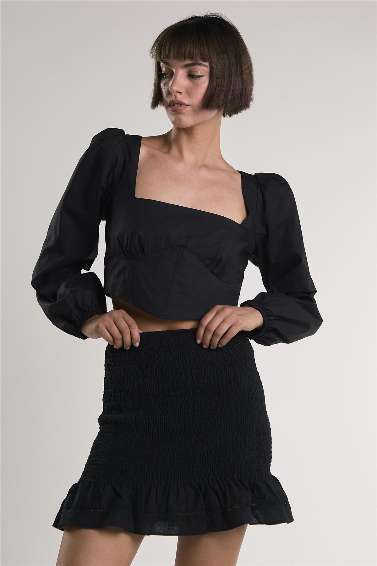 Black Long-Puff-Sleeve-Tie-Detail Crop-Top