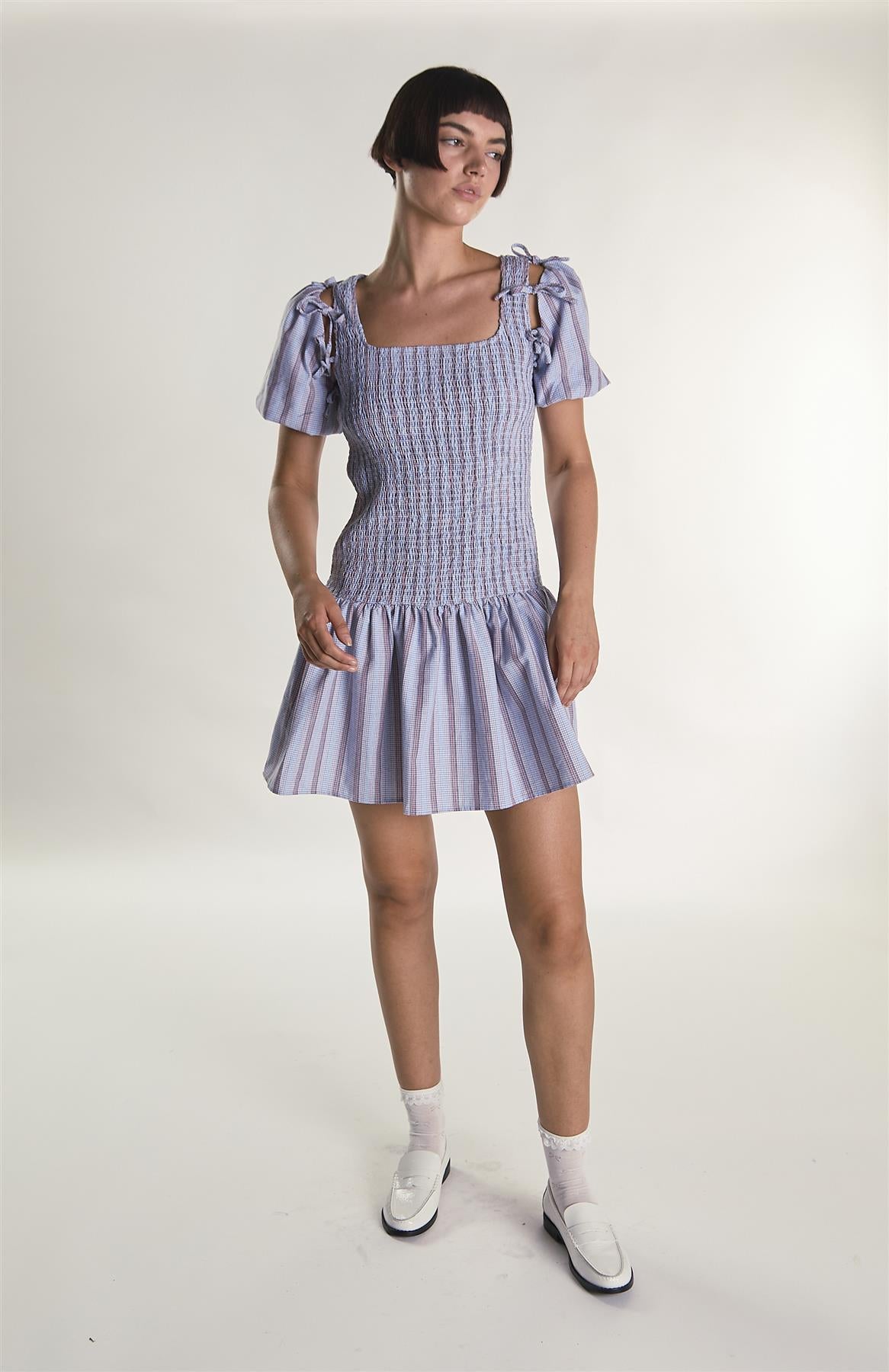 Blue Check Stripe Mini Dress with Bow Sleeves