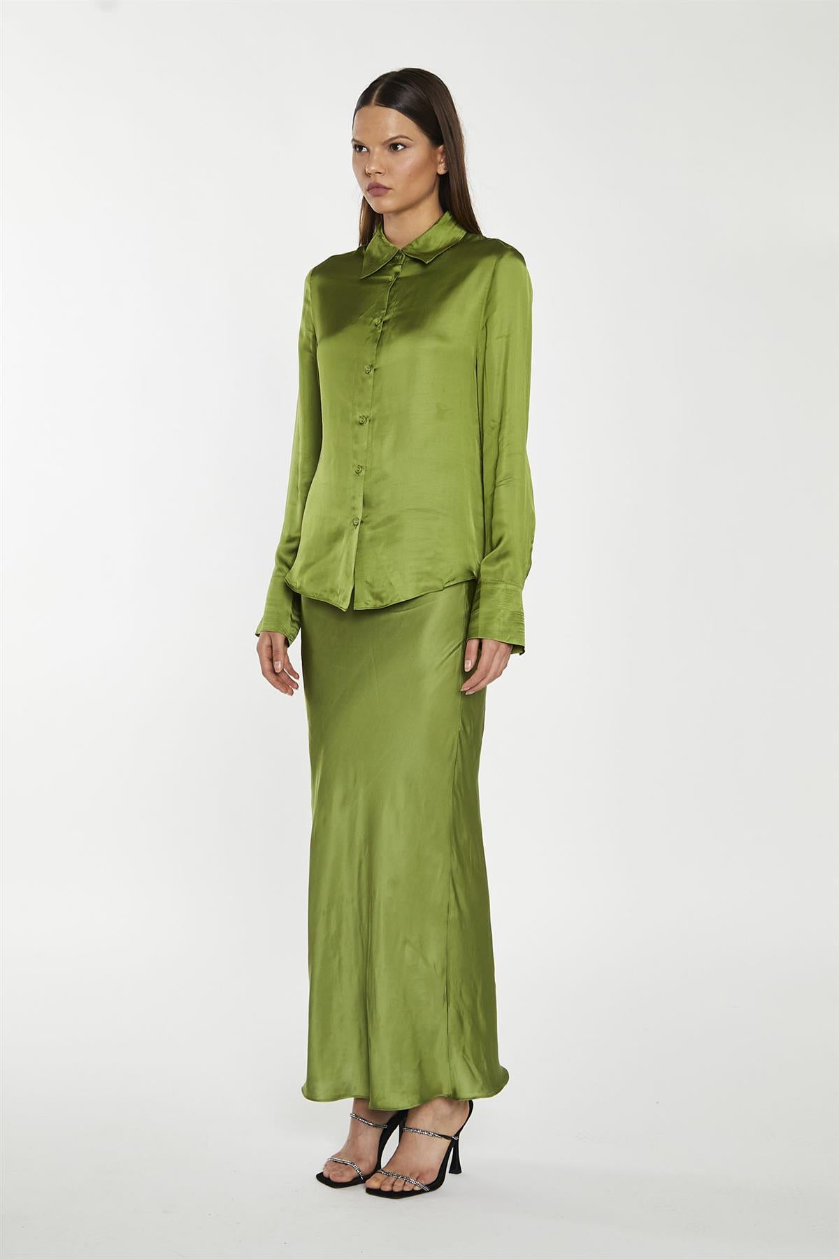 Dark-Apple Green Bias-Cut Midi-Skirt