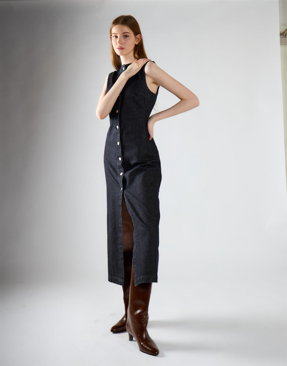 Black Denim Button Up Midaxi Dress