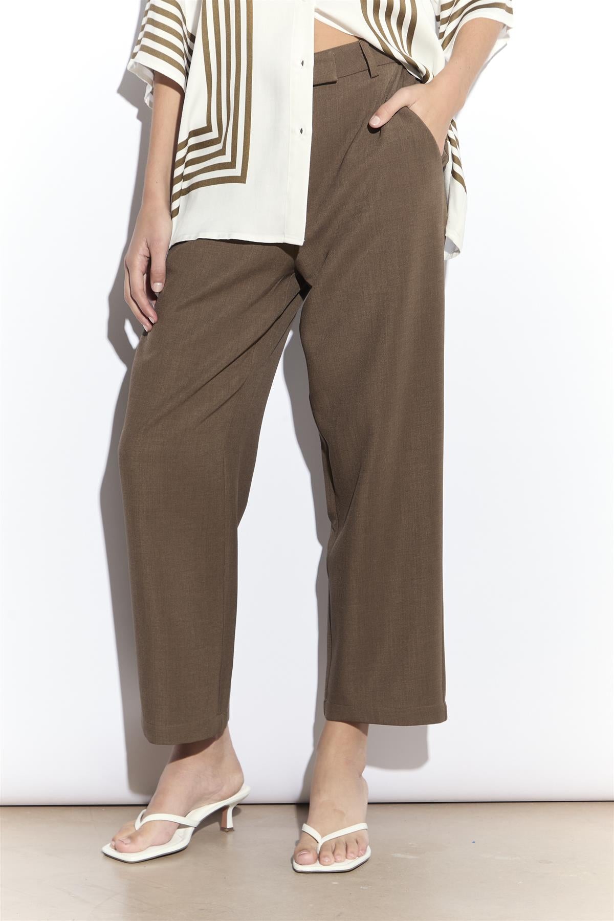 Khaki Brown Slim Fit Cropped Trousers