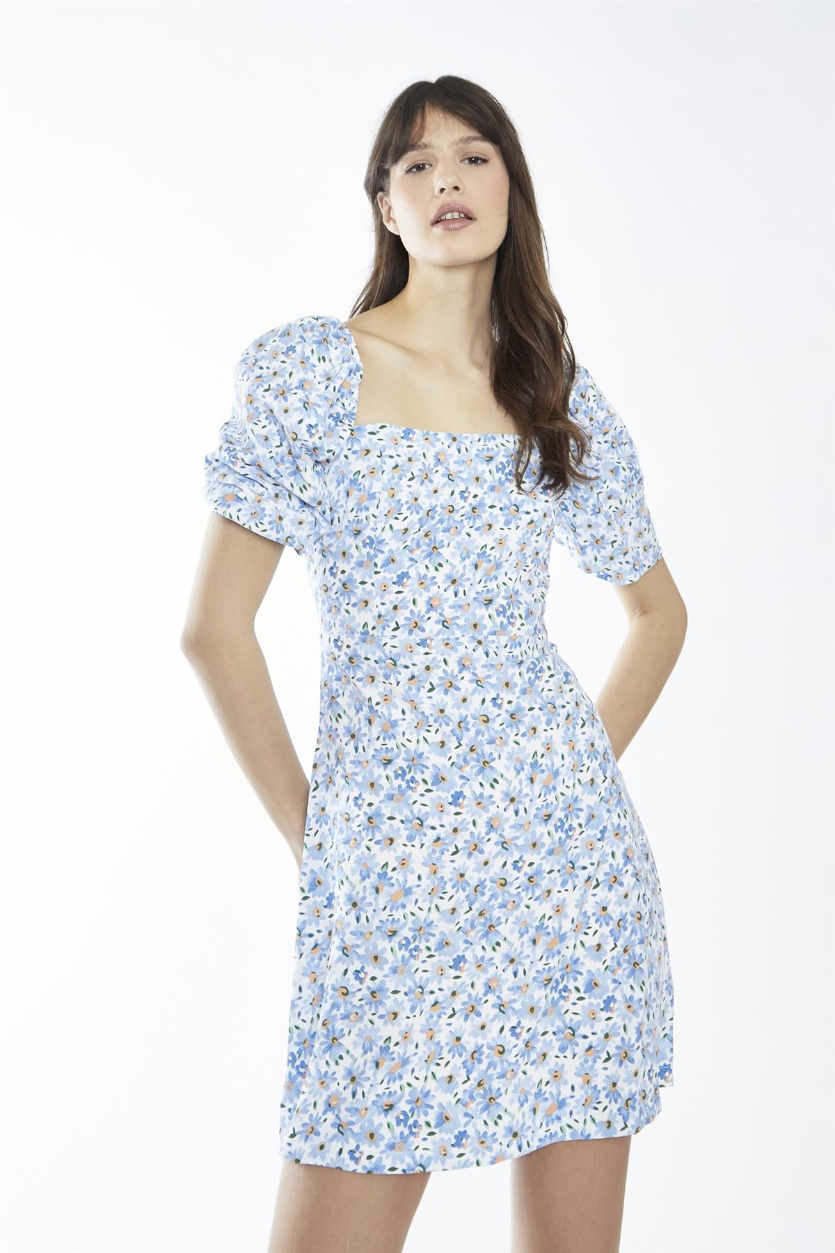 White-Blue Daisy Square-Neck Mini-Dress