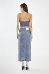 Heavy-Vintage Wash Denim Corsage Crop-Top