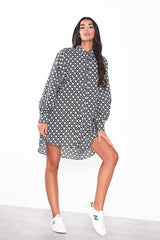 White-Black-Daisy Long-Sleeves-Mini-Shirt-Dresses
