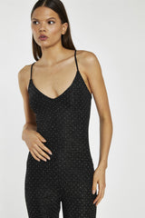 Black Silver Rhinestuds V-Neck Jumpsuit