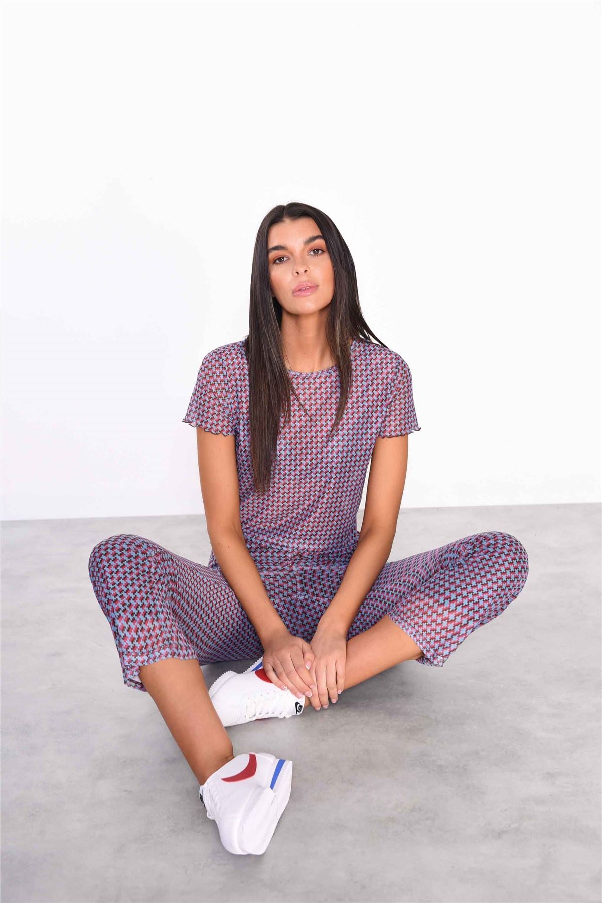 Mini Geo Mesh Cropped Flared Trousers