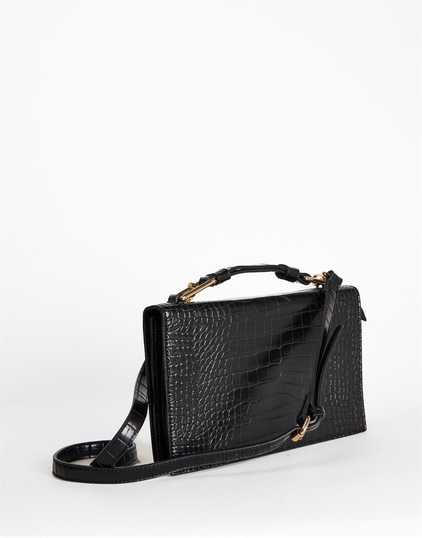 Black Croc Top Handle Crossbody Bag