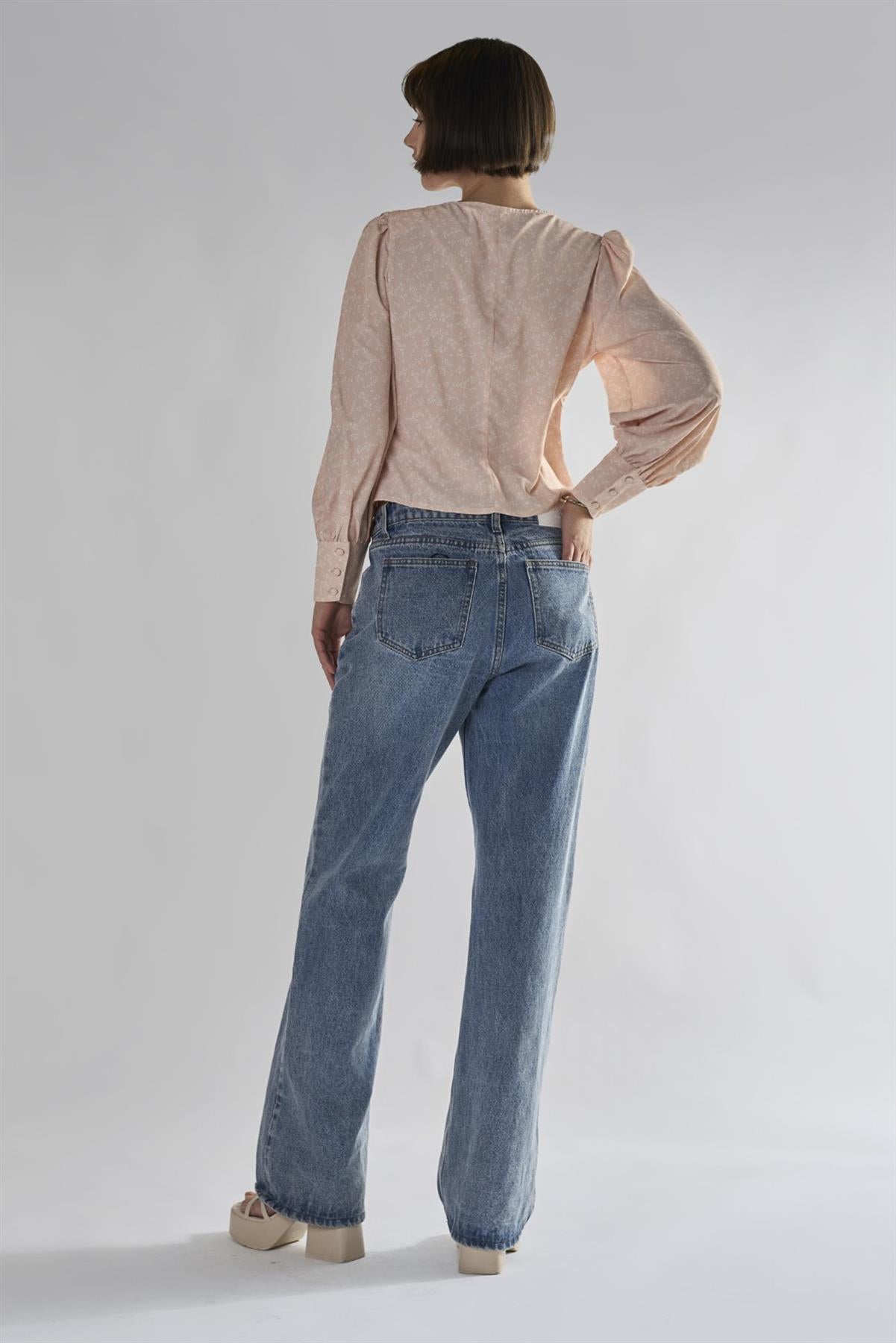 Peach-Ditsy V-Neck-Button-Up Tops