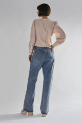 Peach-Ditsy V-Neck-Button-Up Tops