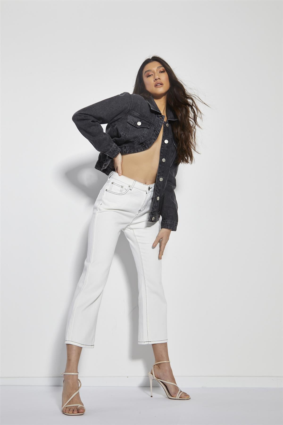 White High-Waisted Ankle Length-Jeans