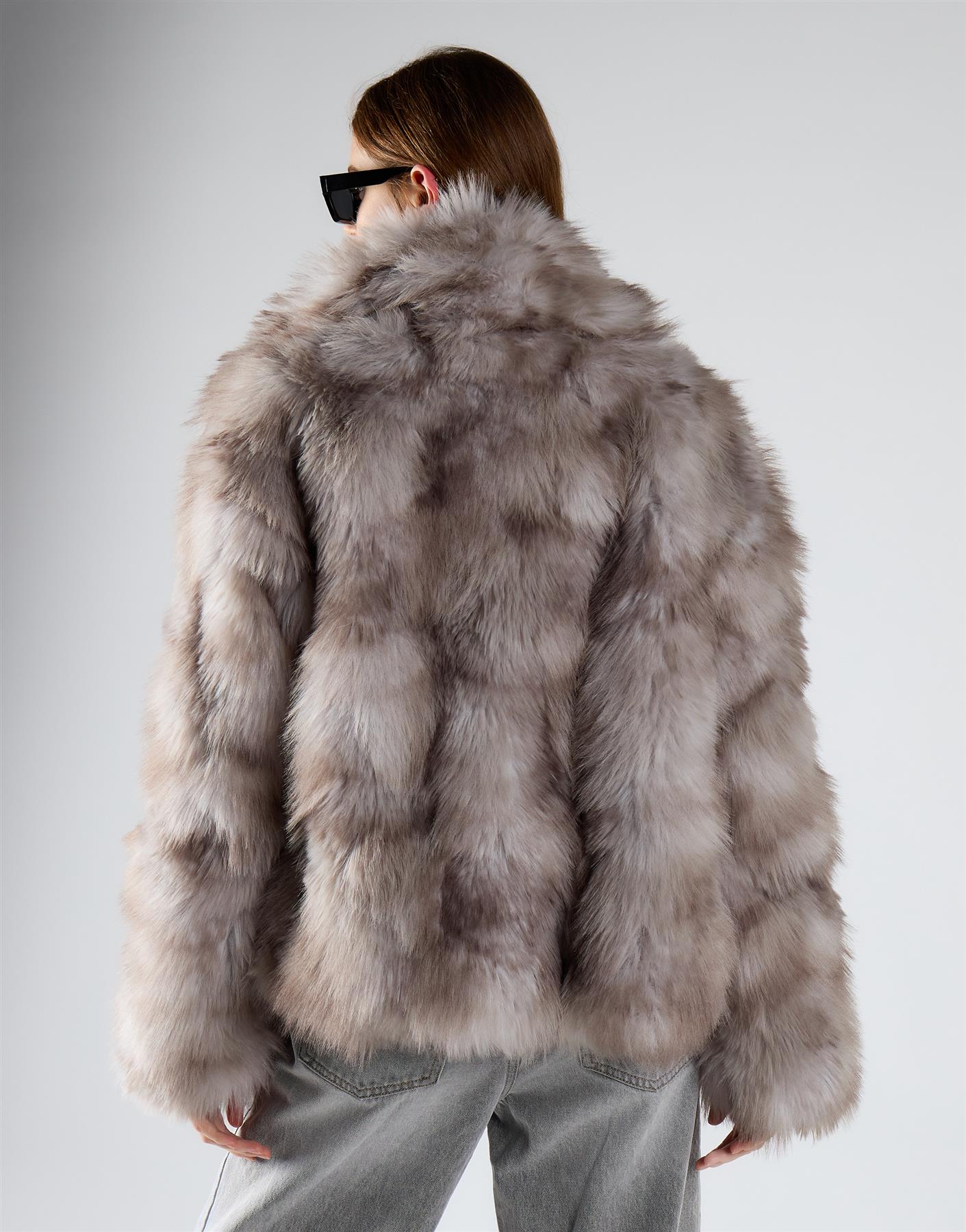 Grey Multi Fur Oversized Collar Short Fur Coat
