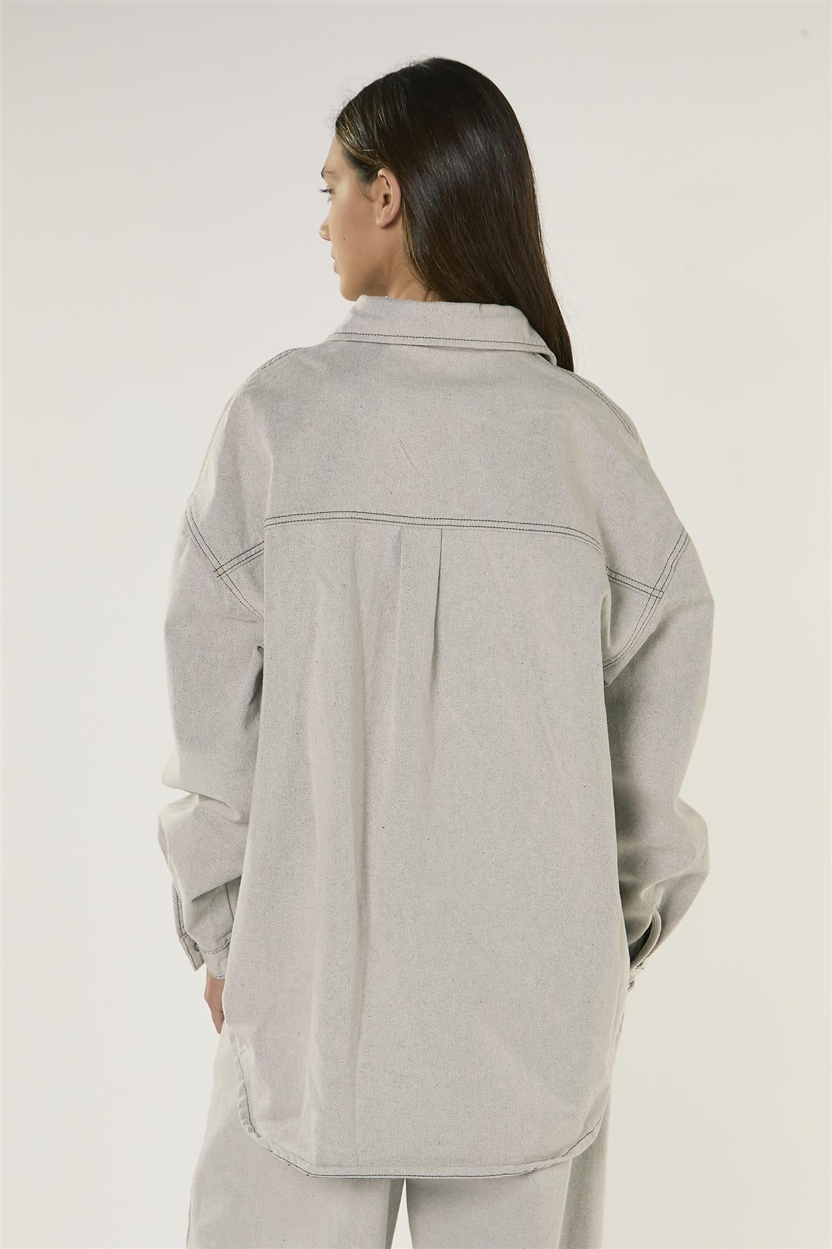 Light Grey Long Sleeve Denim Shirt with Snap On Buttons