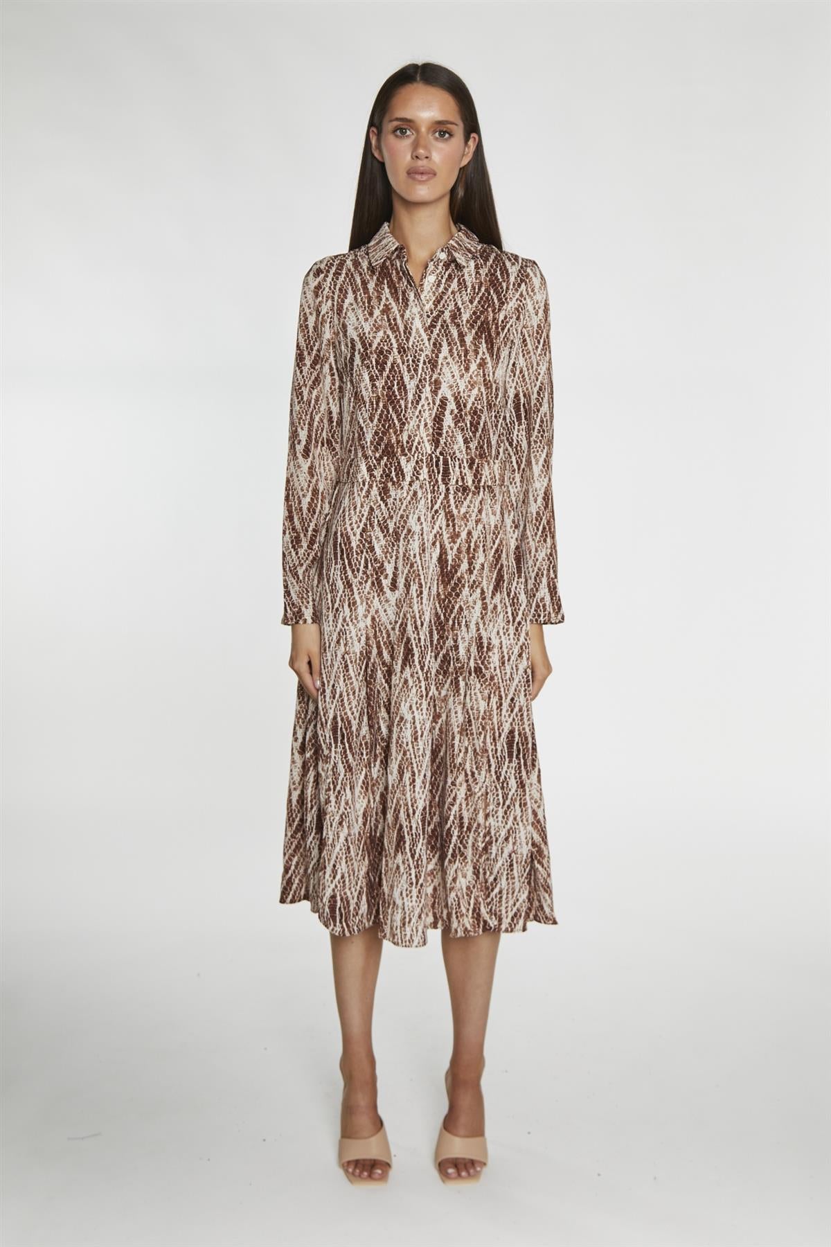 Brown-Snake Long-Sleeve Midi-Dress