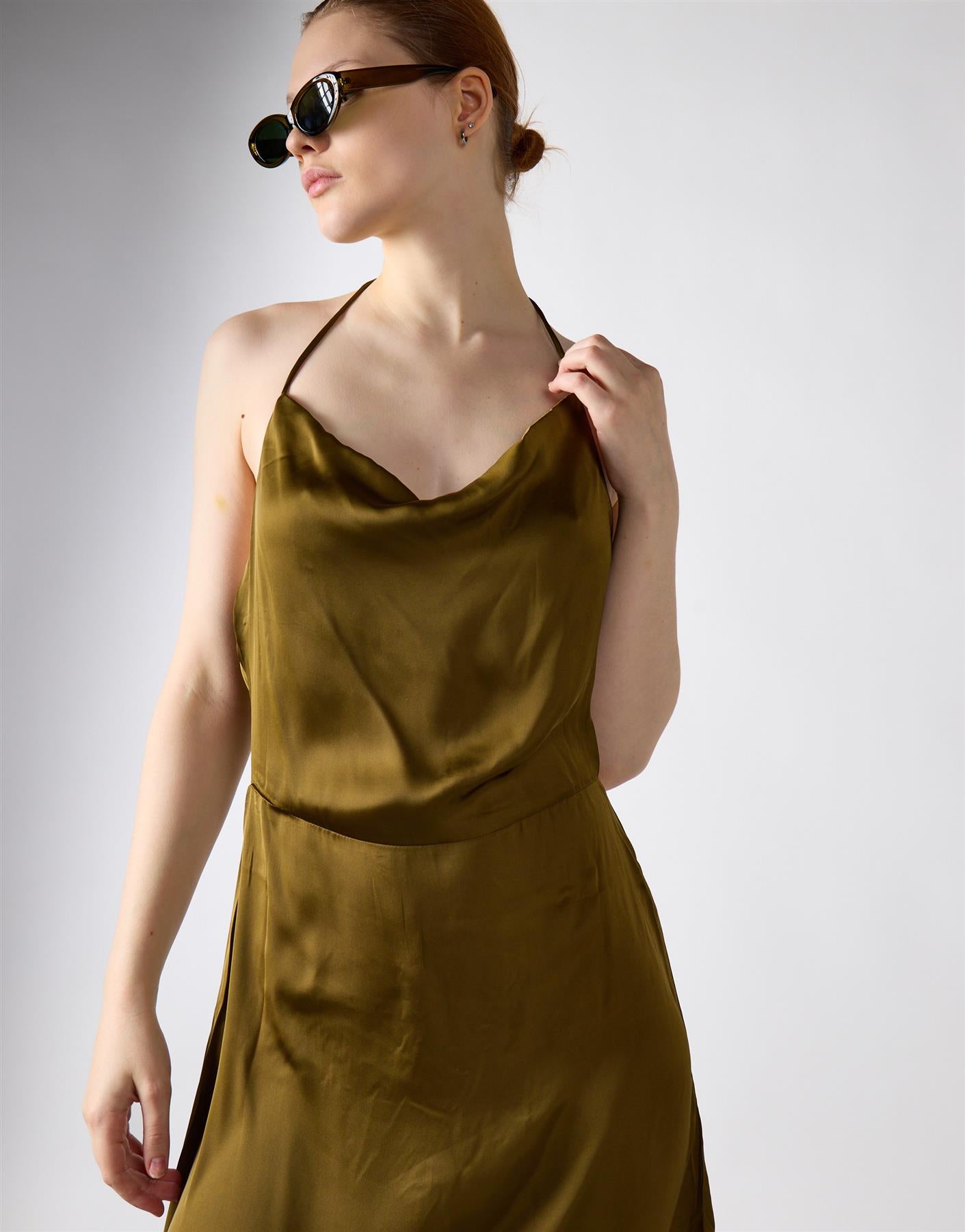 Satin Cowl Neck Midi Dress - Khaki