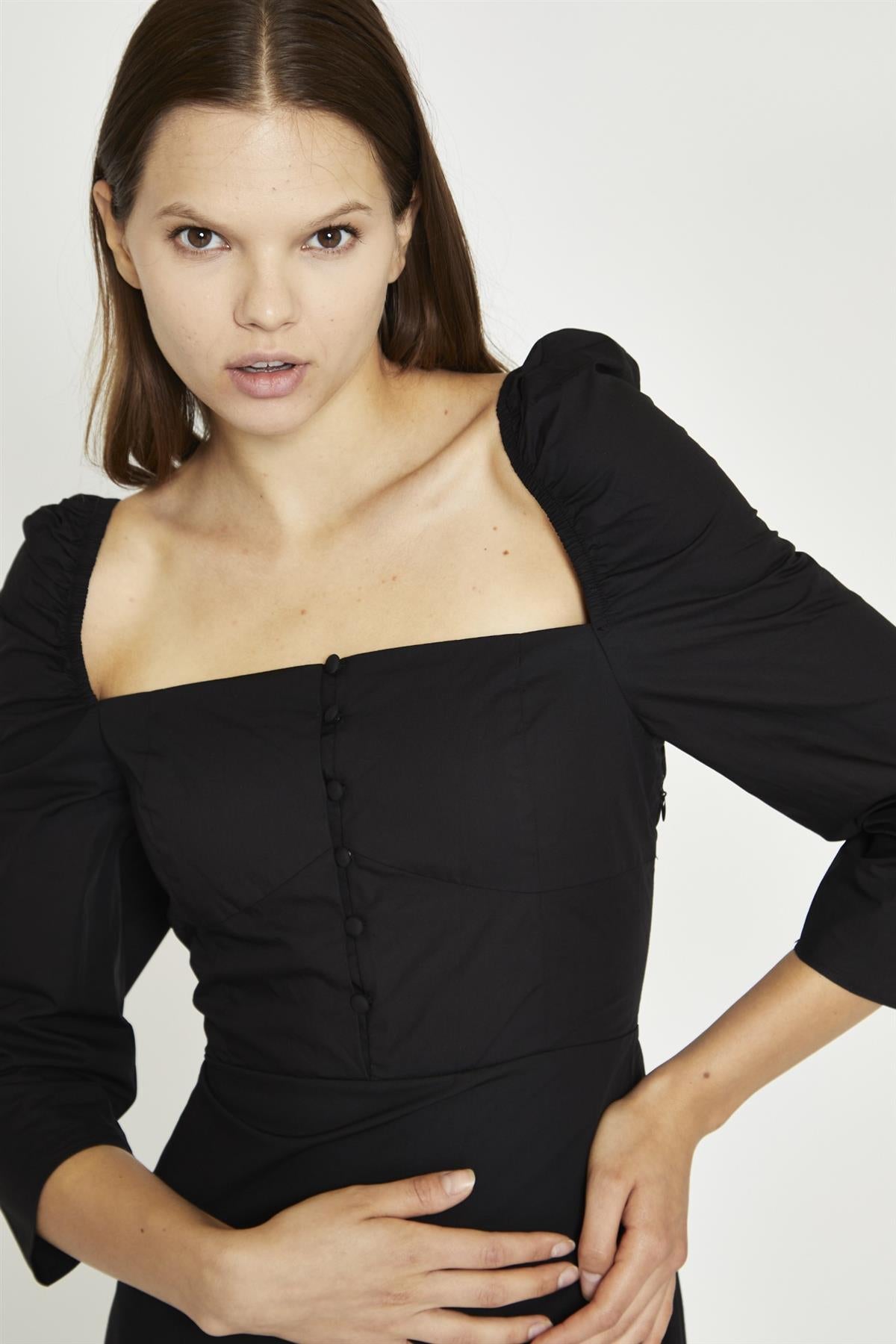 Black Button-Front Mini-Dress