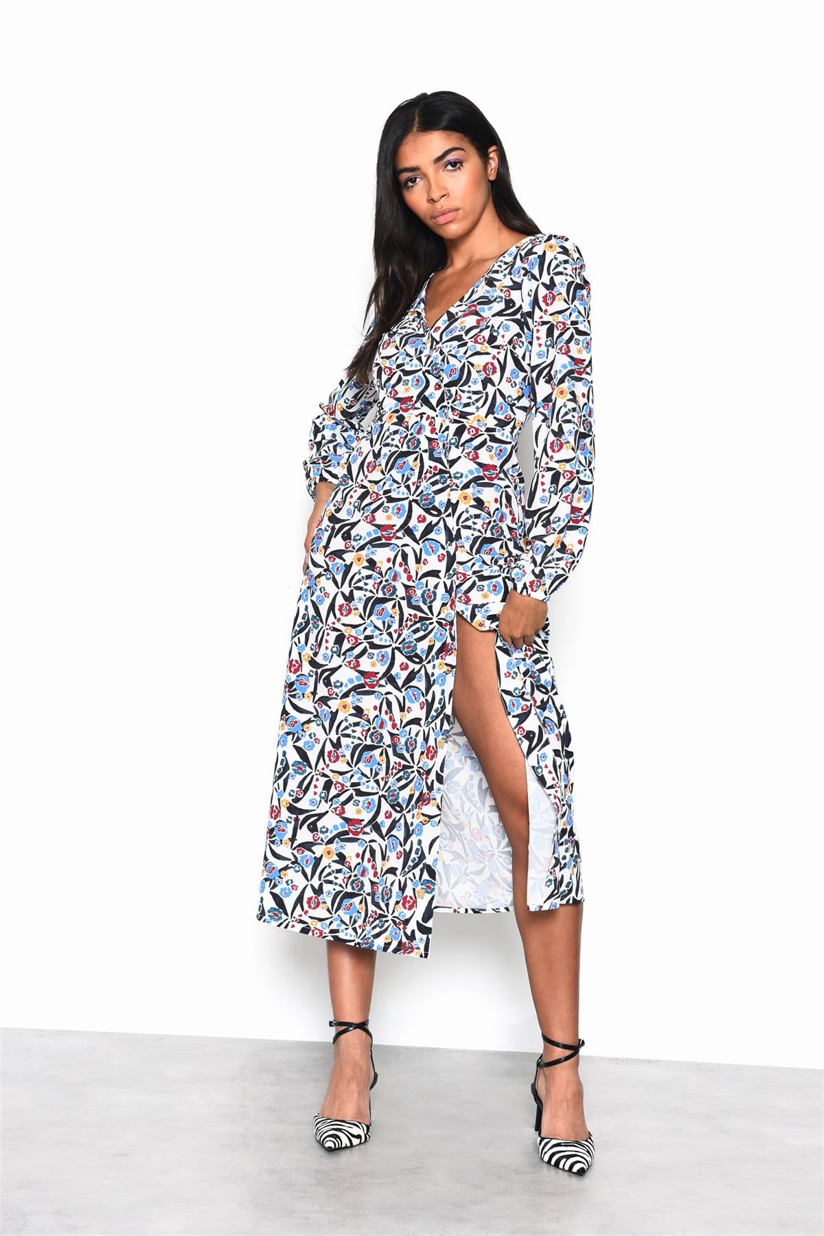 White Blue Multi Abstract V-Neck Midi Dress