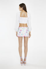 White Long Puff Sleeve Tie-Detail Crop-Top